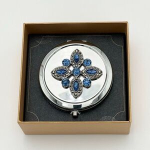 Monet Jewel Compact Mirror With Blue Rhinestone Design Silver Tone Finish NIB